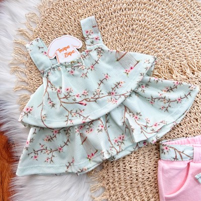 Conj. Bata Passarinhos e Short - Verde e Rosa